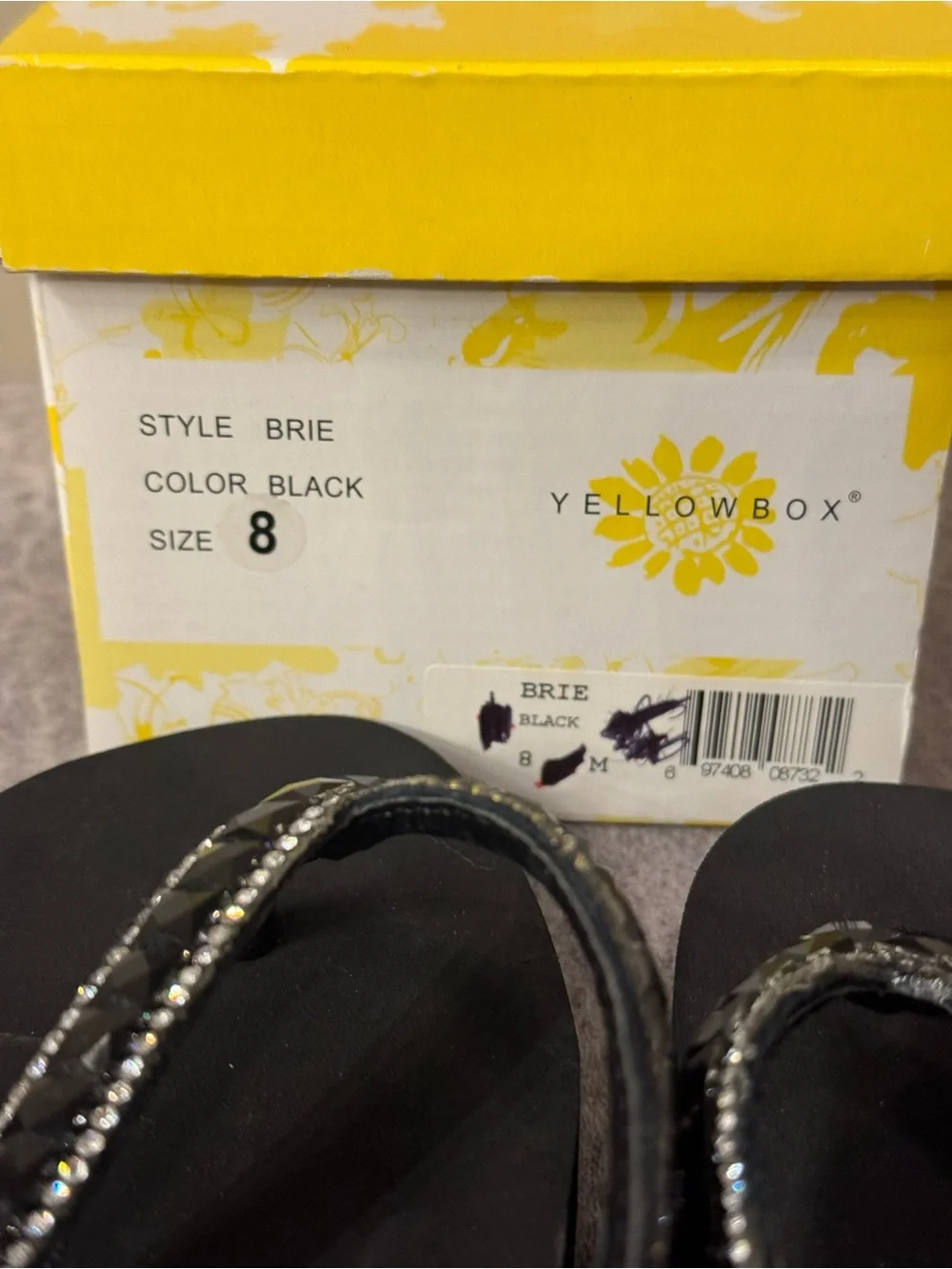 Yellow Box Black Crystal-Embellished V-Strap Sandals NEW - Picture 3 of 4